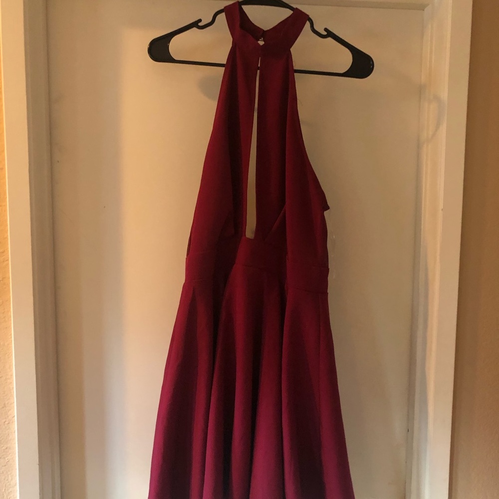 Burgundy keyhole skater dress.